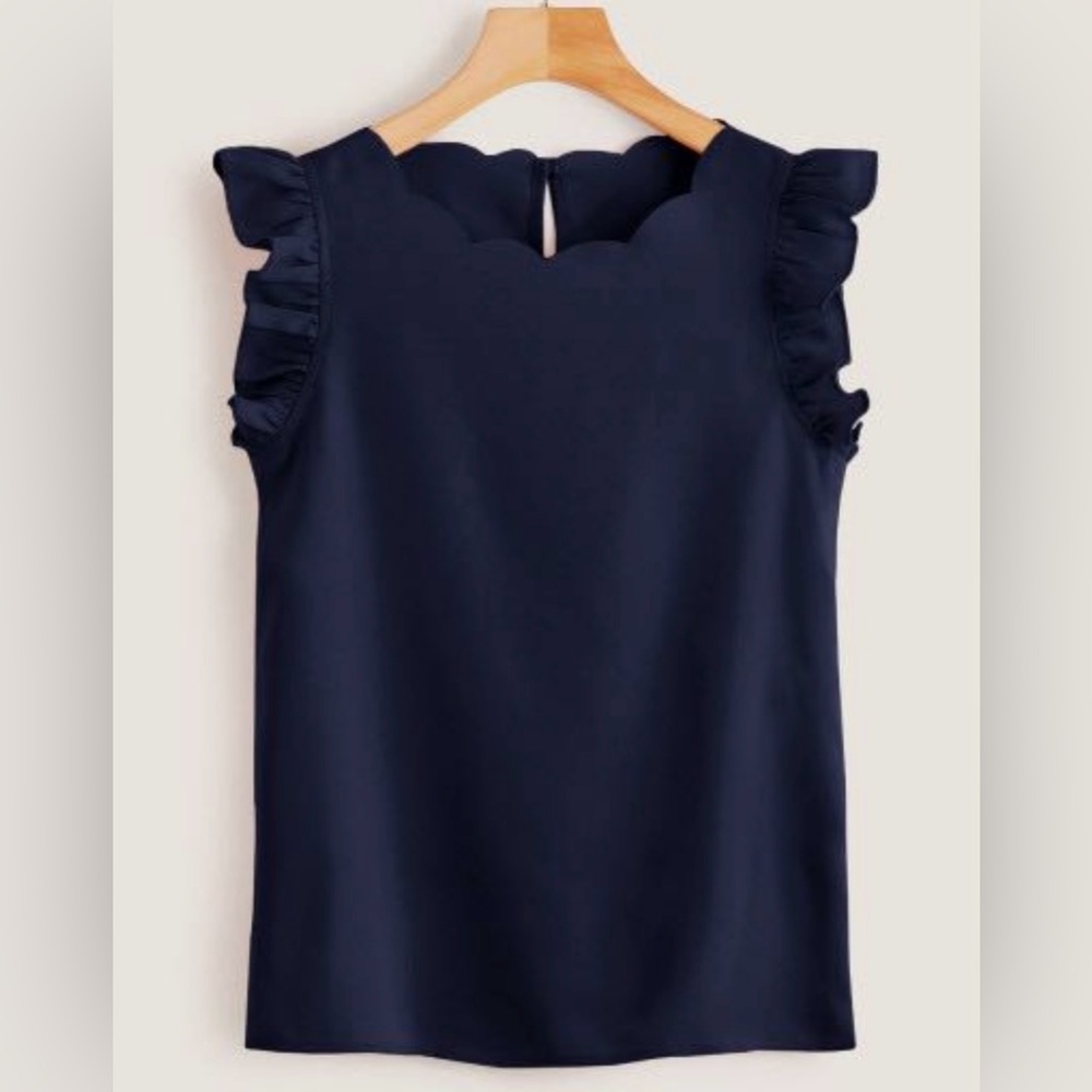 Navy scallop neck sleeveless ruffle blouse with small keyhole back, Large.